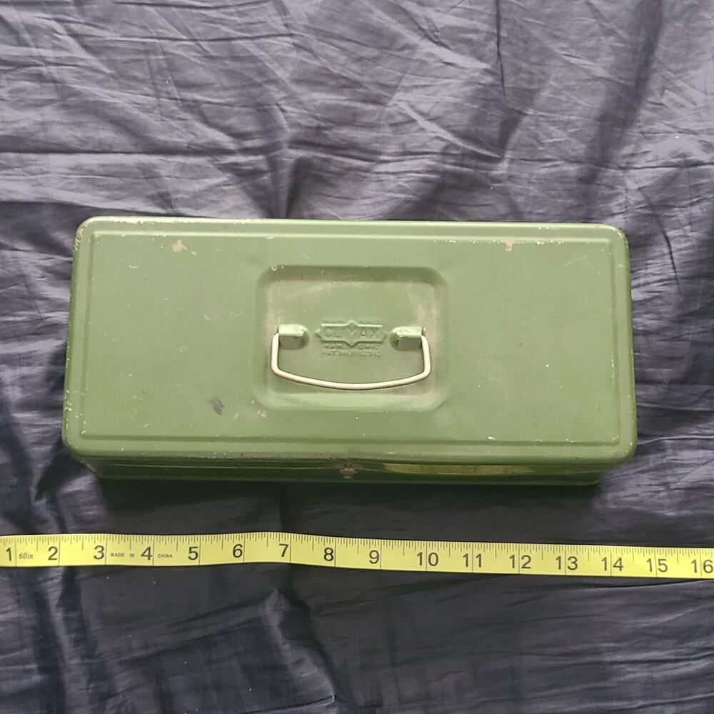vintage green metal box, specifically identified as a Climax Metal Tool